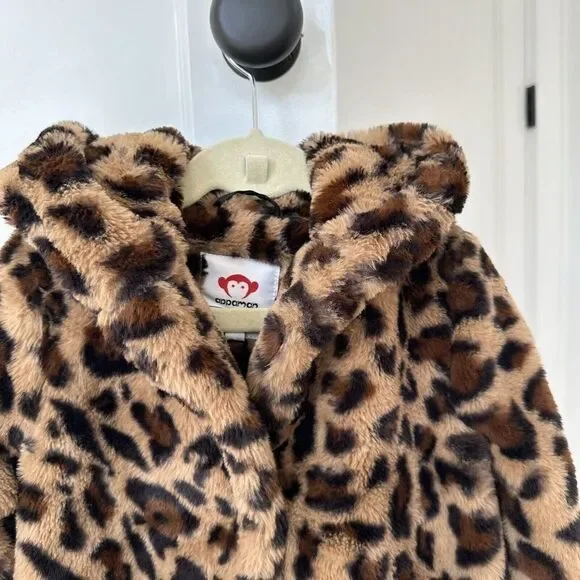 Appaman Girls Cleo Tan  Black Leopard Faux Fur Hooded Teddy Coat‎ Jacket Size 4 - Picture 3 of 14